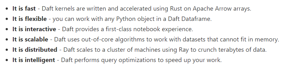 Daft is a fast and scalable Python dataframe for Complex Data and Machine Learning workloads